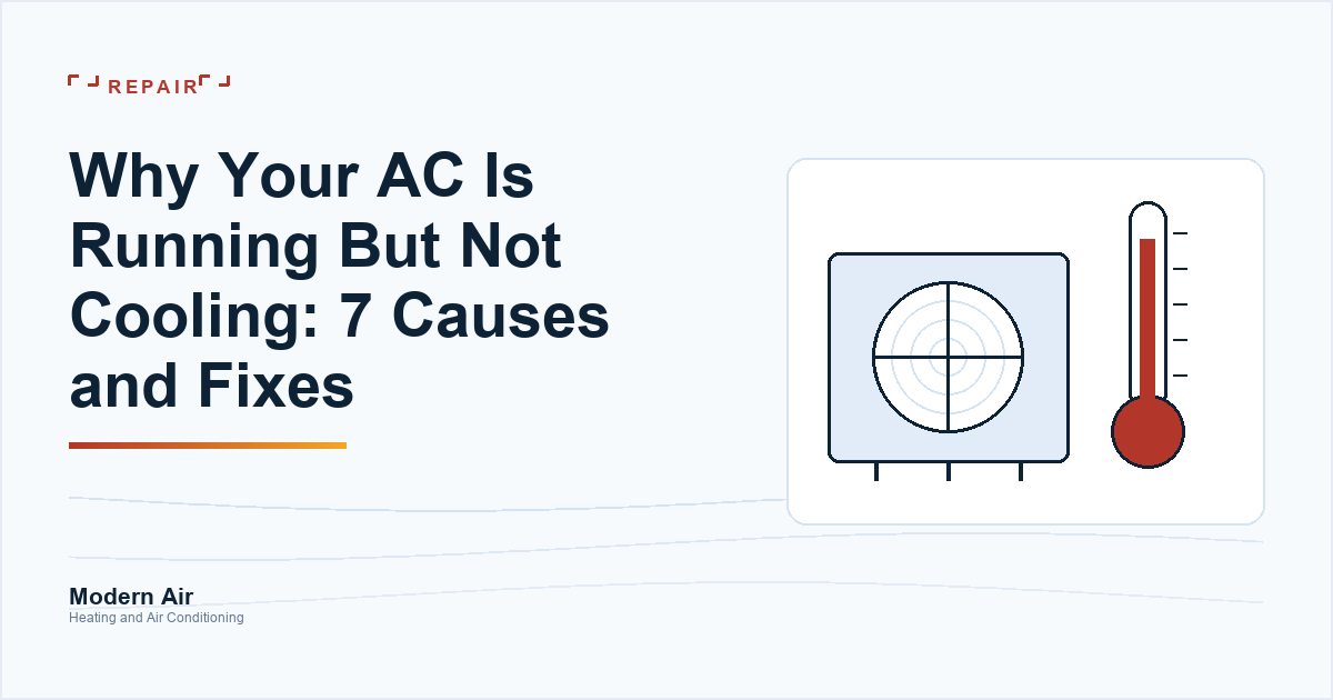 Modern Air article cover: why your AC is running but not cooling, over a drawing of an outdoor AC unit with a rising thermometer.