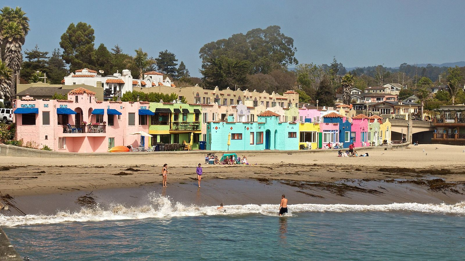 Colorful Capitola Venetian Hotel buildings on Capitola Beach, California