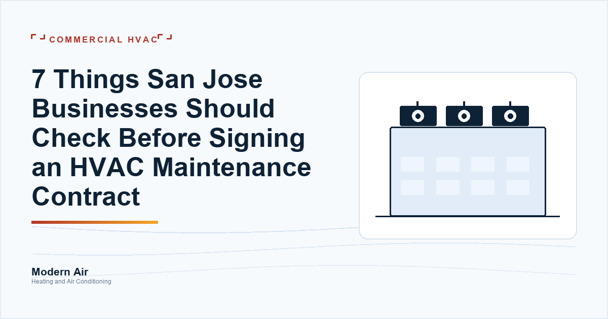 Modern Air article cover: seven things to check before signing a commercial HVAC maintenance contract, over a drawing of a San Jose building with three rooftop units.