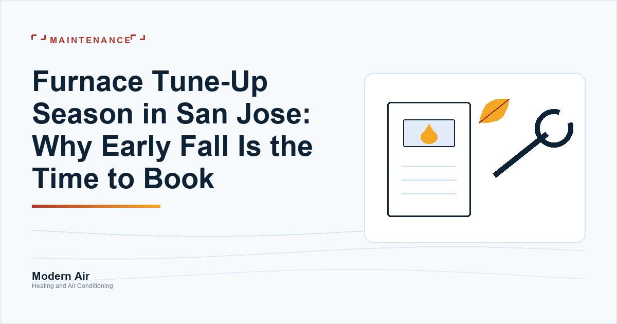 Modern Air article cover: furnace tune-up season in San Jose, over a drawing of a furnace with a wrench and a falling leaf.