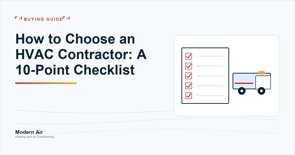Modern Air article cover: a 10-point checklist for choosing an HVAC contractor, over a drawing of a checklist and a service van.