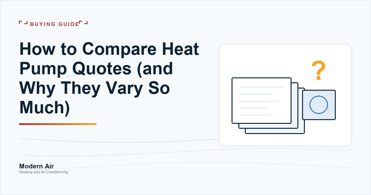 Modern Air article cover: how to compare heat pump quotes, over a drawing of three stacked quote sheets and a heat pump.