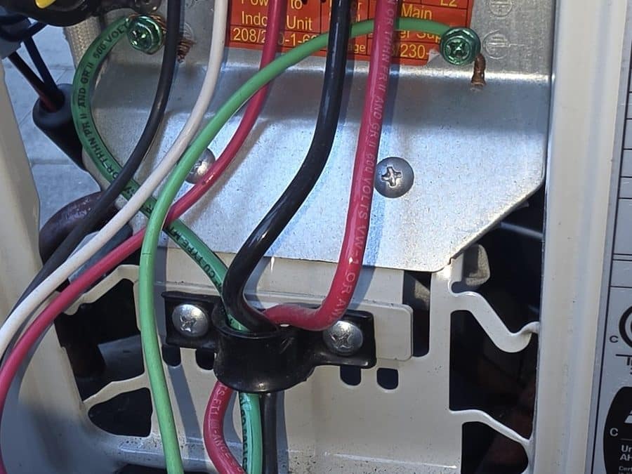 Outdoor unit electrical terminal with labeled power and control wires, San Jose, CA