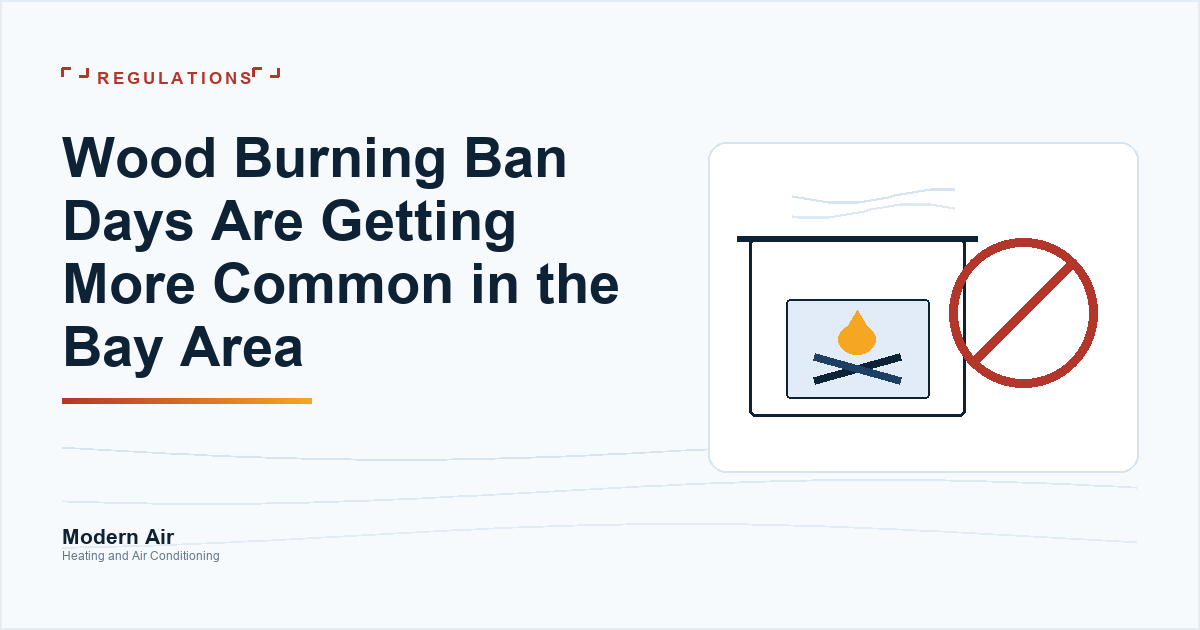 Modern Air article cover: wood burning ban days in the Bay Area, over a drawing of a fireplace with a no-burn symbol.